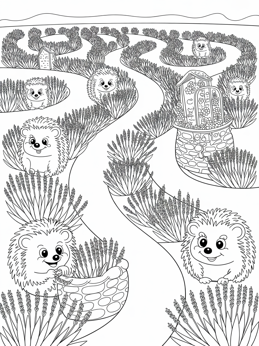 Lavender labyrinth with secretive hedgehog friends - Free Coloring Page