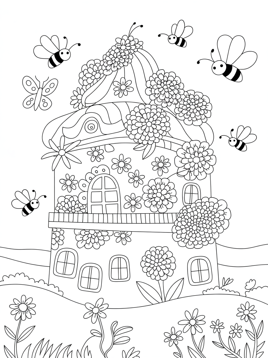 Marigold palace with bees and butterflies - Free Coloring Page