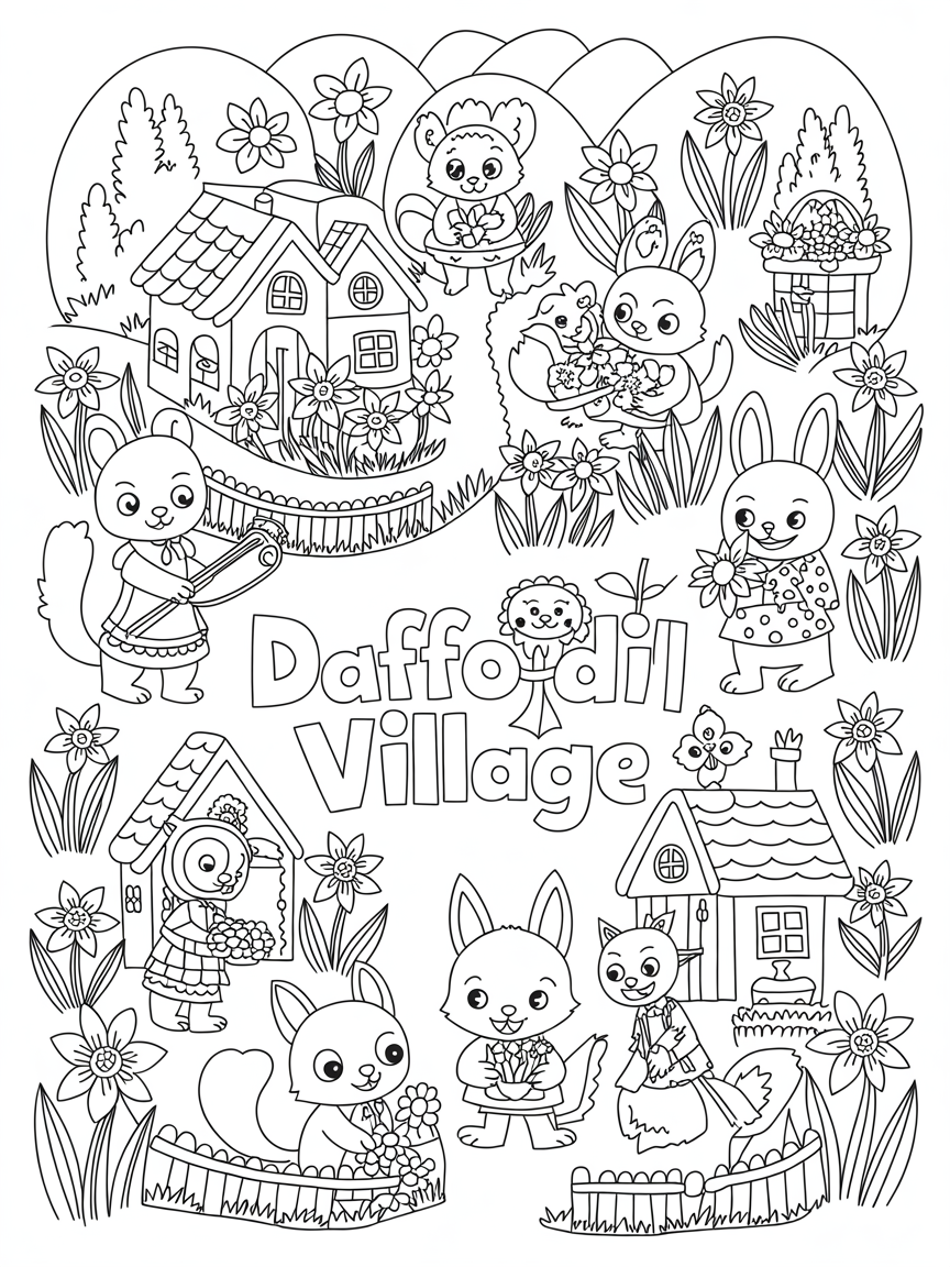 Daffodil village inhabited by tiny forest critters - Free Coloring Page