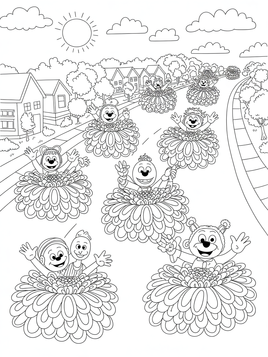 Zinnia-themed parade with whimsical floats - Free Coloring Page