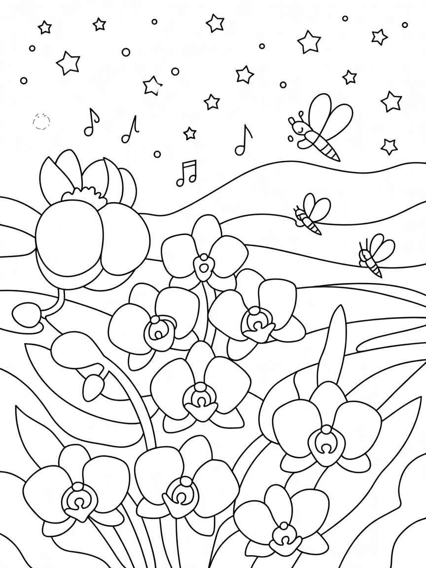 Orchid oasis hosting a starry night concert - Free Coloring Page