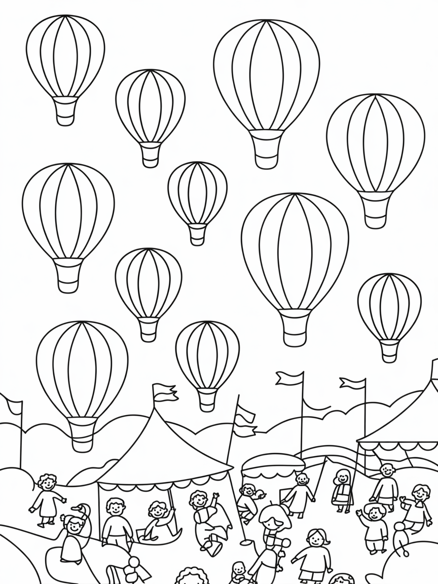 Tulip-shaped hot air balloons over a festival - Free Coloring Page