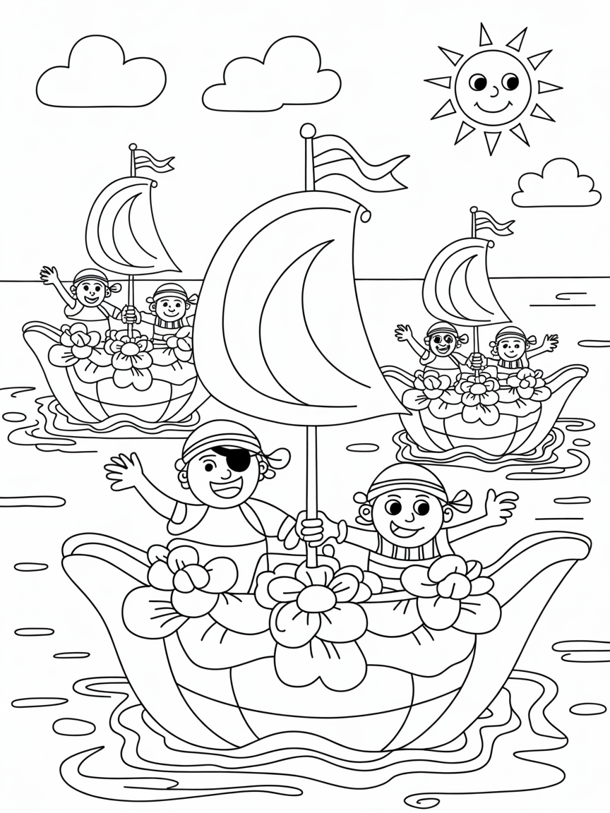 Geranium pirates sailing on rainbow flower boats - Free Coloring Page