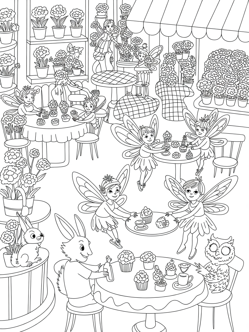Carnation cafe bustling with flower fairies - Free Coloring Page