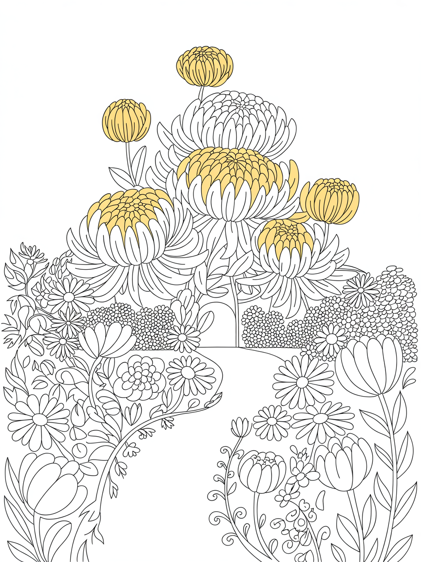 Chrysanthemum chateau with blooming gardens - Free Coloring Page