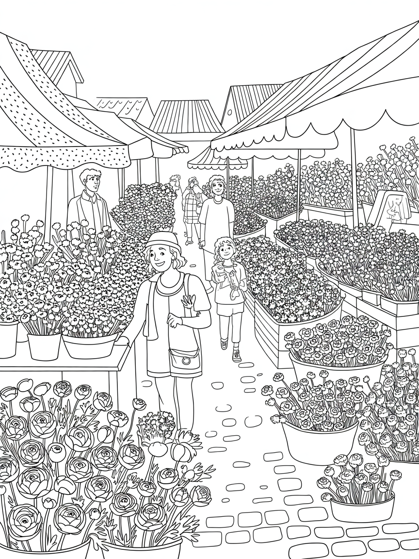 Ranunculus market bustling with vibrant stalls - Free Coloring Page