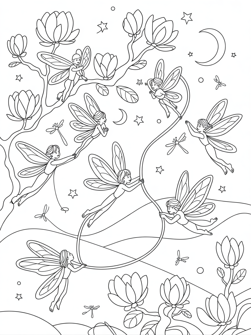Magnolia fairies weaving dreamy night tapestries - Free Coloring Page