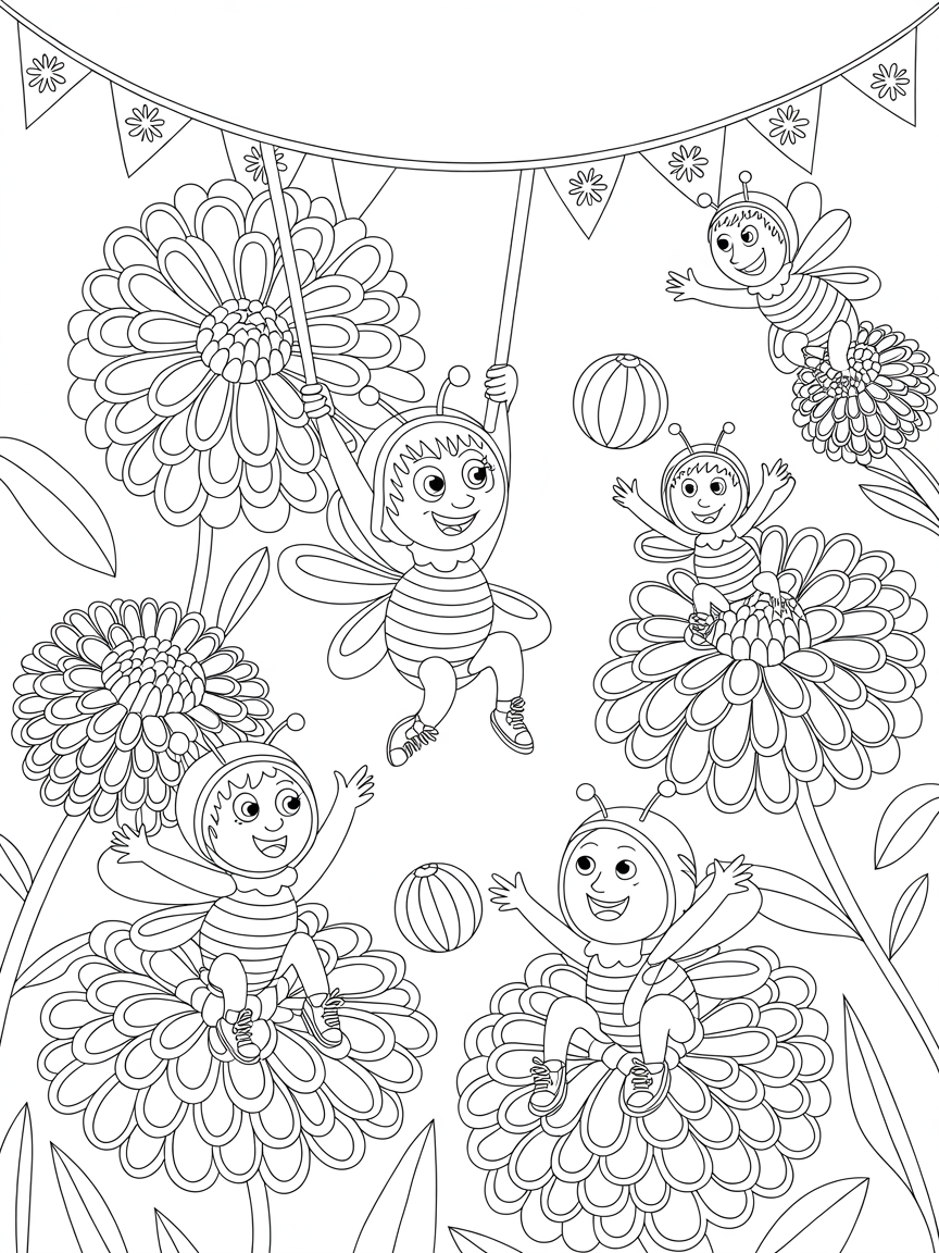 Dahlia circus with trapeze artist bees - Free Coloring Page