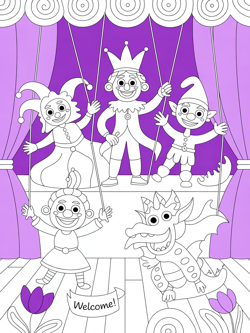 Violet-themed puppet show with singing characters - Free Coloring Page