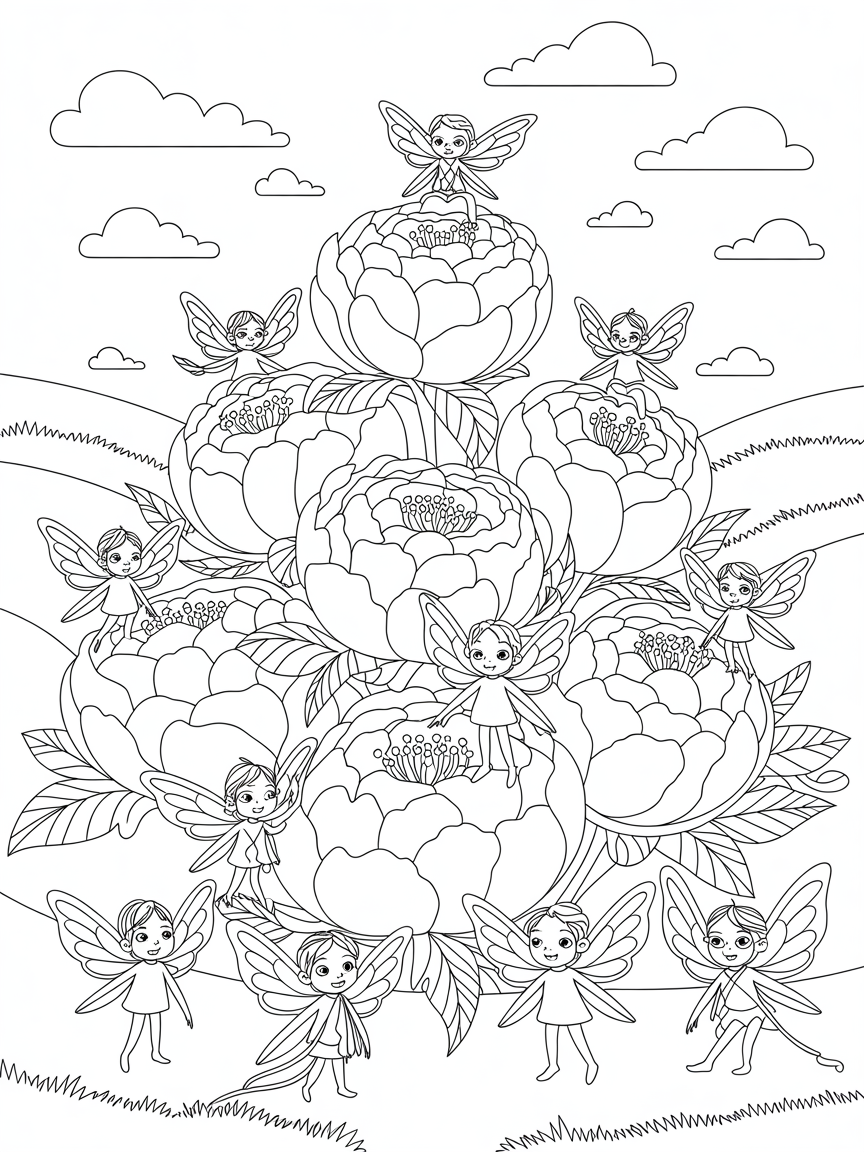 Peony palace filled with playful petal pixies - Free Coloring Page