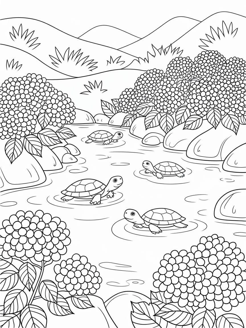 Hydrangea hot springs visited by tranquil turtles - Free Coloring Page