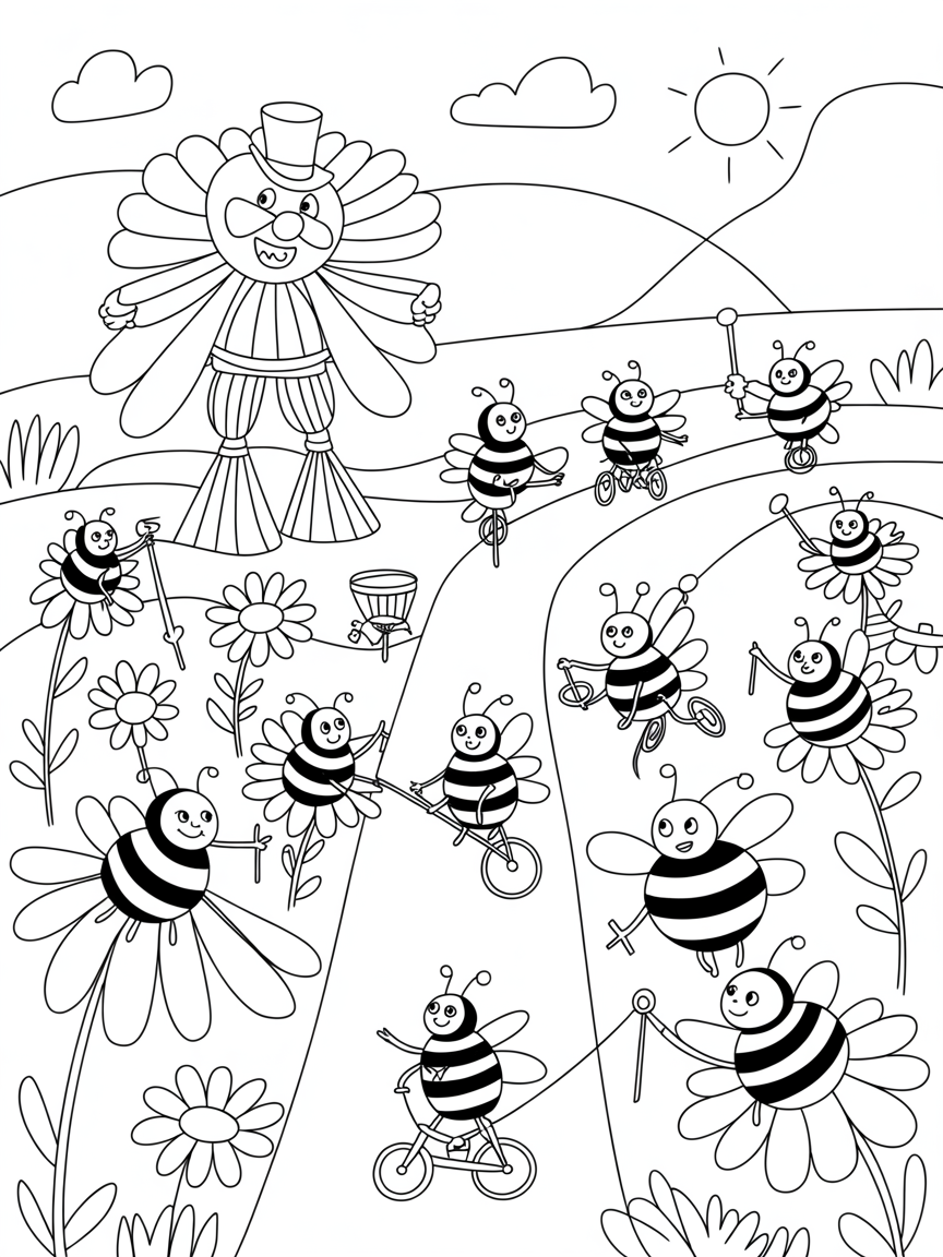 Daisy carnival with bumblebee circus acts - Free Coloring Page