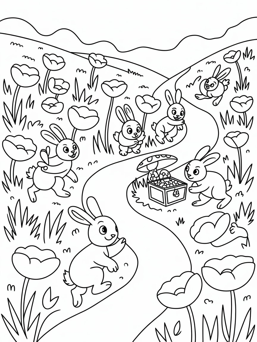 Poppy meadow treasure hunt with cheeky rabbits - Free Coloring Page