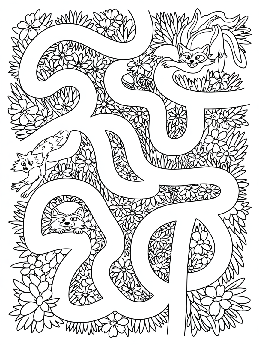 Azalea maze with foxes and raccoons playing tag - Free Coloring Page