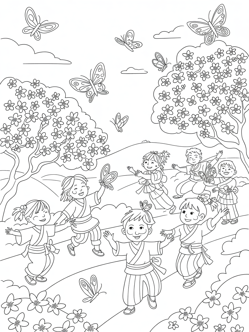 Cherry blossom festival with butterfly dance competitions - Free Coloring Page