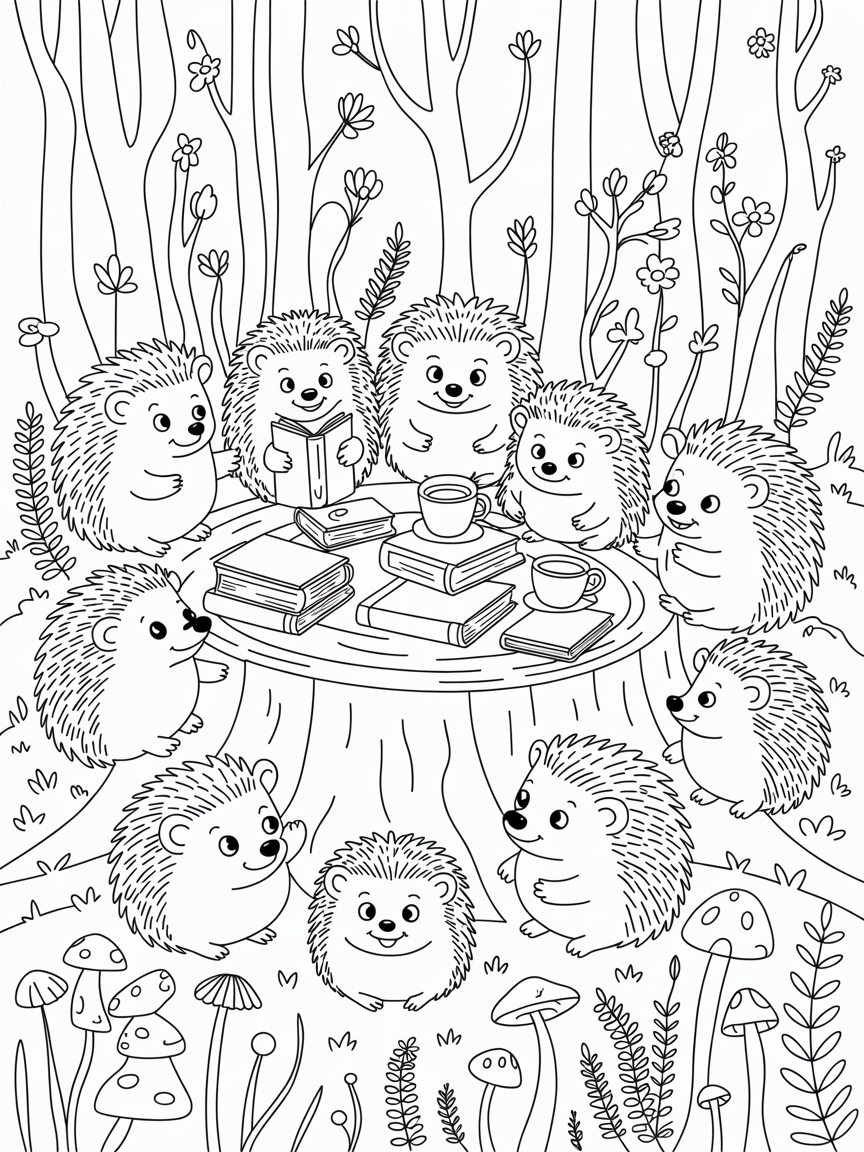 Bluebell woodlands hosting a hedgehog book club - Free Coloring Page
