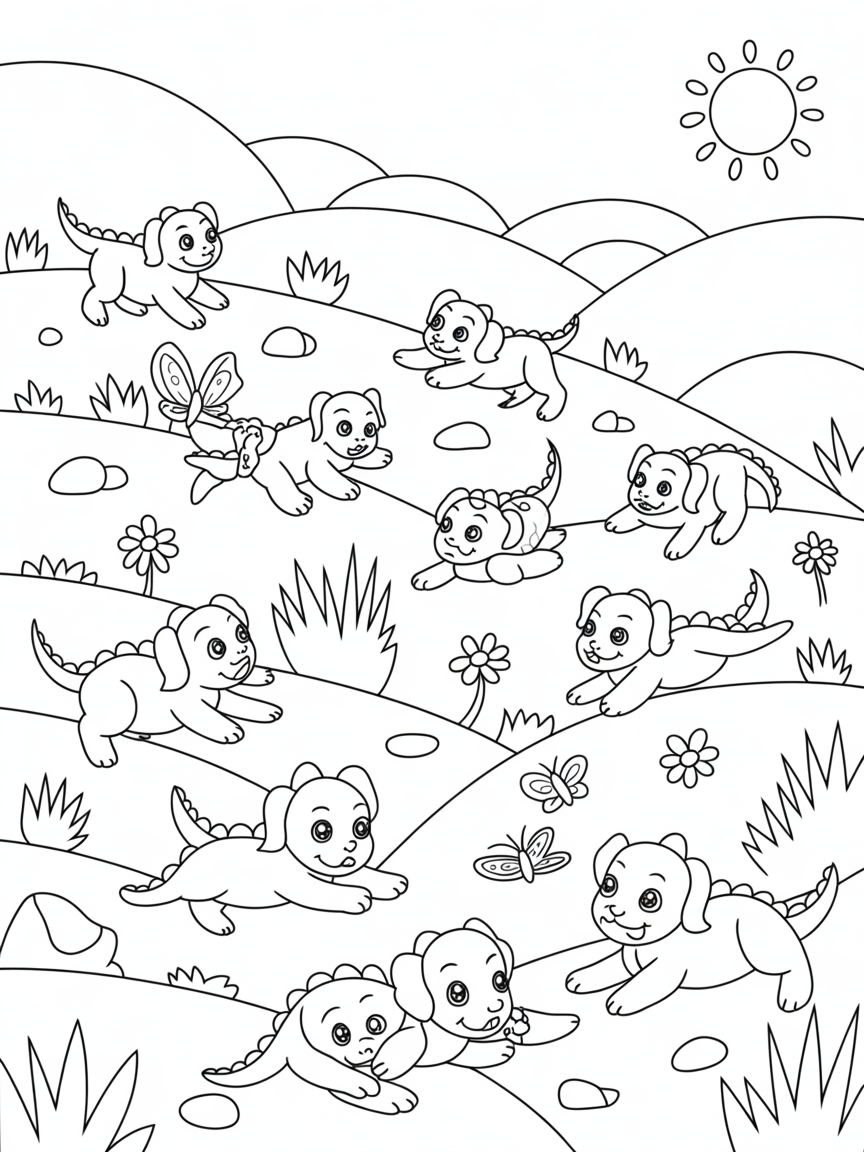 Snapdragon hill inhabited by dragon puppies - Free Coloring Page