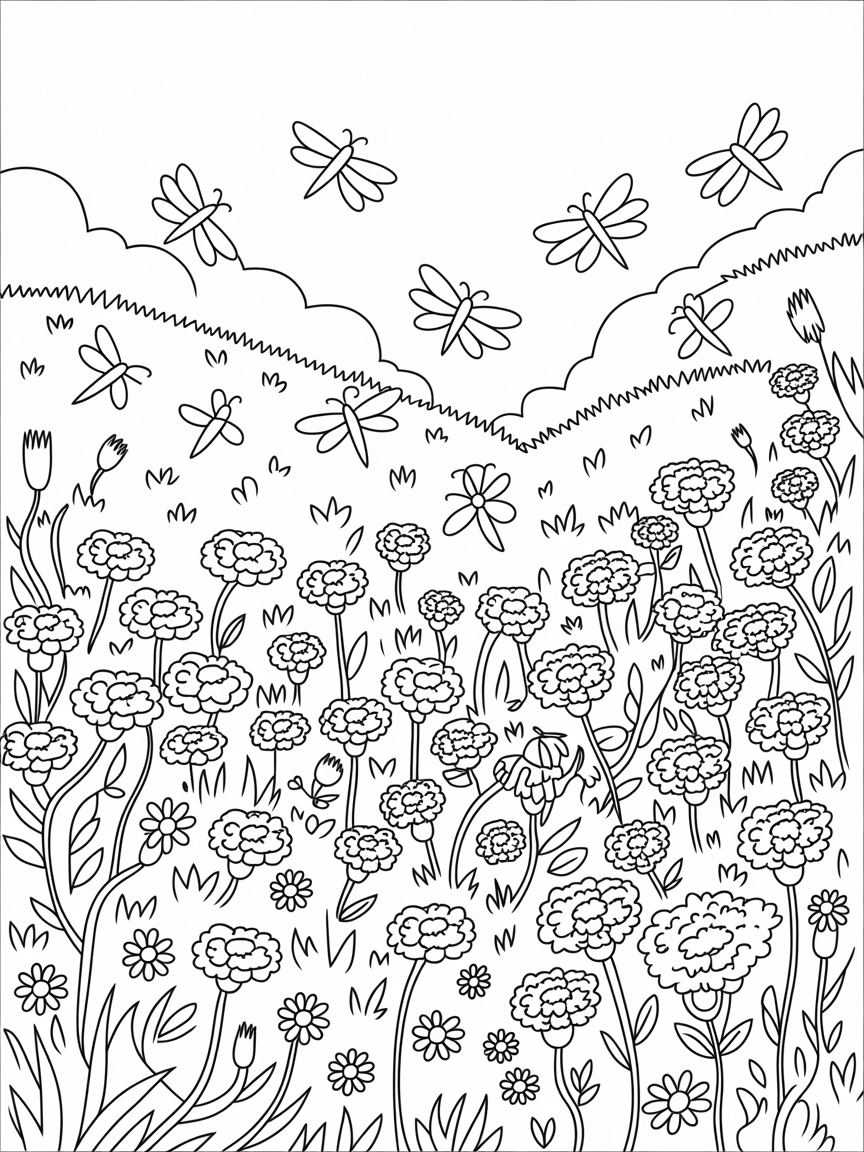 Marigold meadow filled with enchanted fireflies - Free Coloring Page