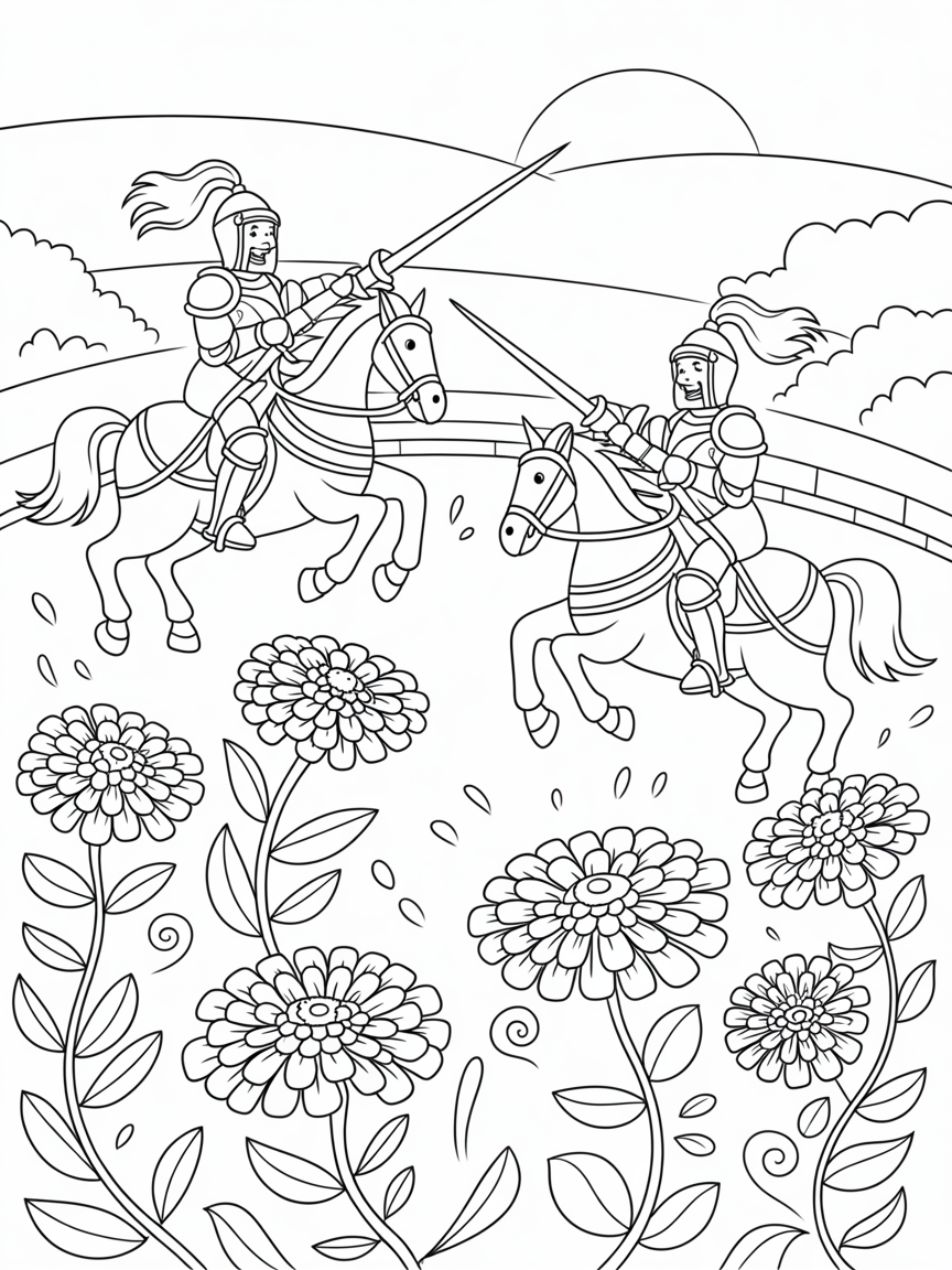 Zinnia knights jousting in a floral arena - Free Coloring Page