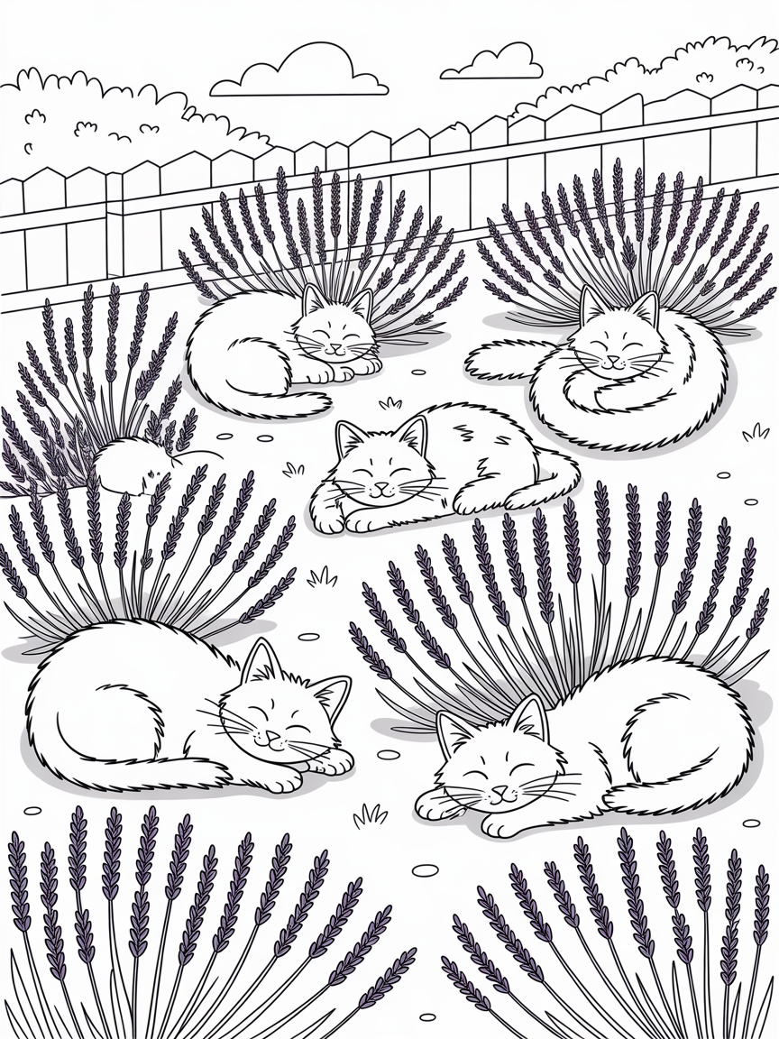 Lavender beds hosting sleepy cat nap parties - Free Coloring Page