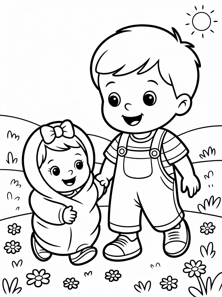 A coloring page of a little boy and his baby sister - Free Coloring Page
