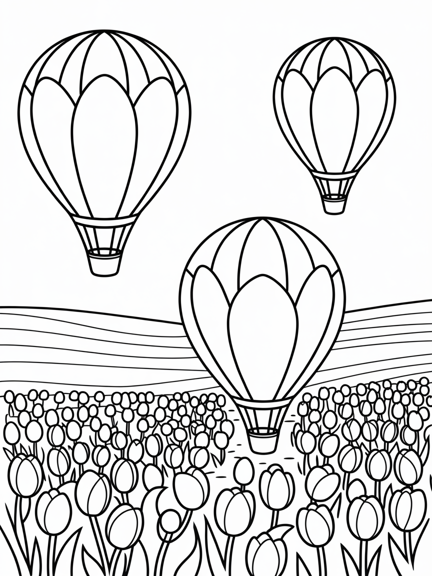 Petal-powered hot air balloons over tulip fields - Free Coloring Page