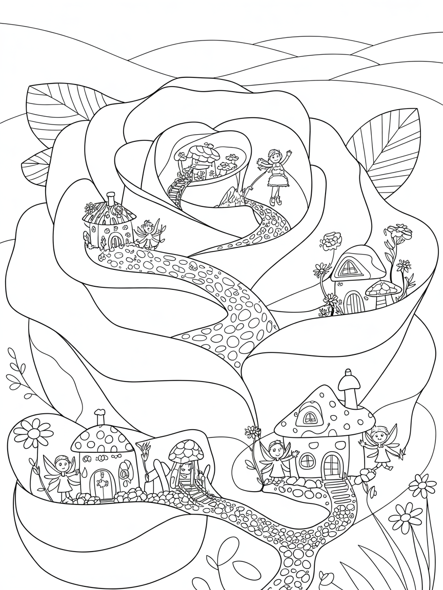 Rose petal garden with secret fairy villages - Free Coloring Page