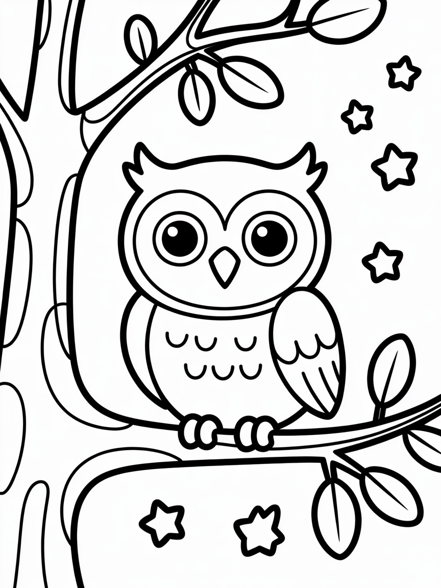 An owl sitting on tree at night - Free Coloring Page