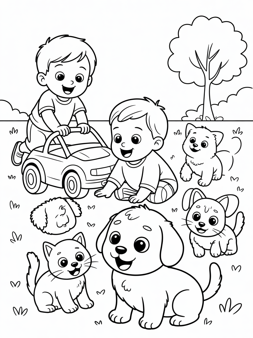 a toddler and a baby, both boys playing around dogs and cats - Free Coloring Page