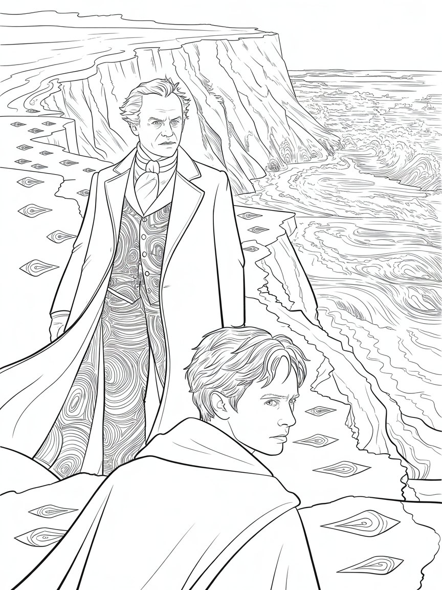 Moriarty from Sherlock standing on a cliff with Harry Potter - Free Coloring Page