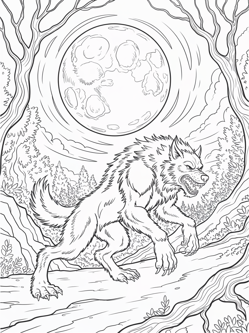 Werewolf and moon - Free Coloring Page
