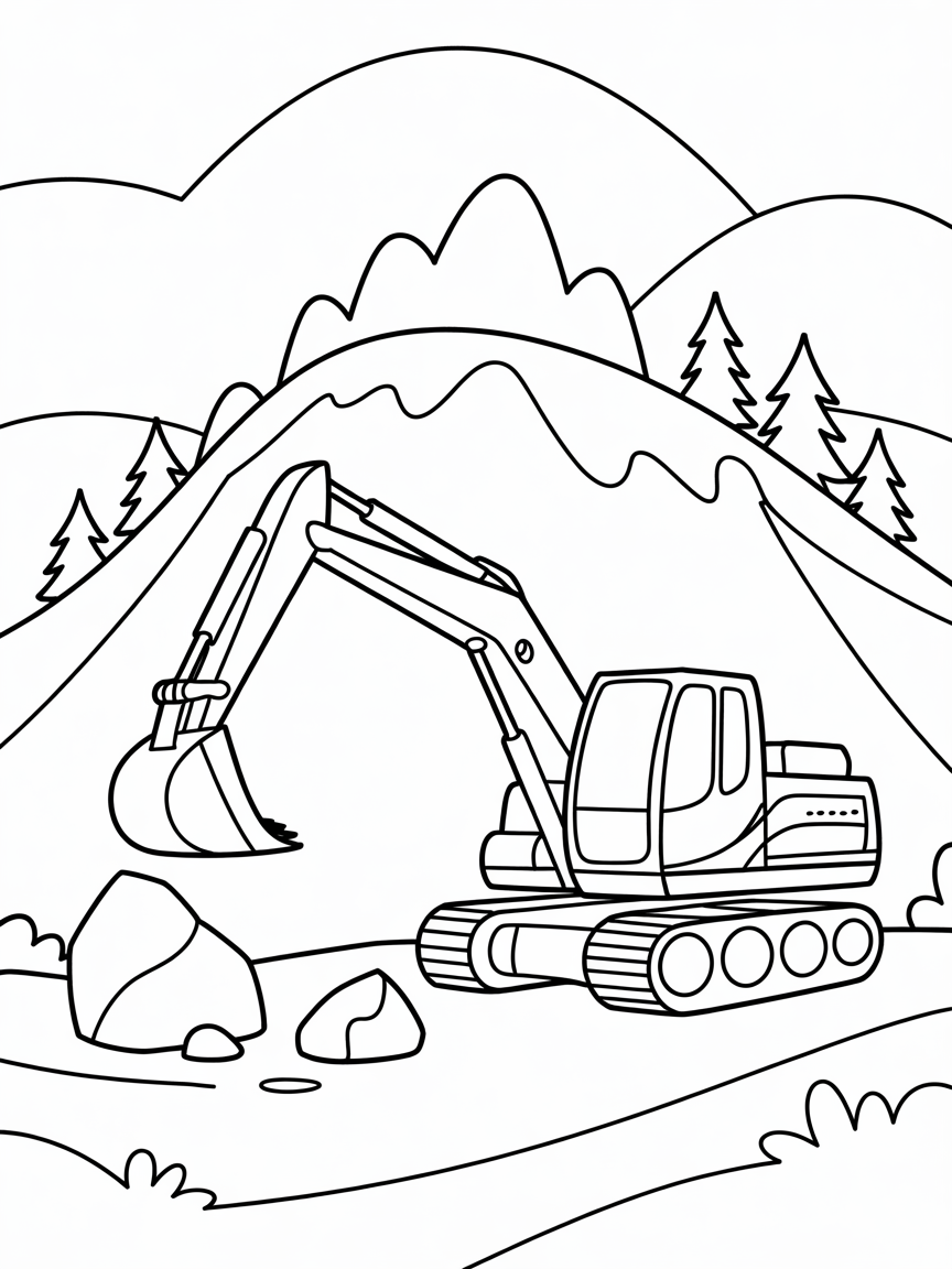 excavator on a mountain - Free Coloring Page
