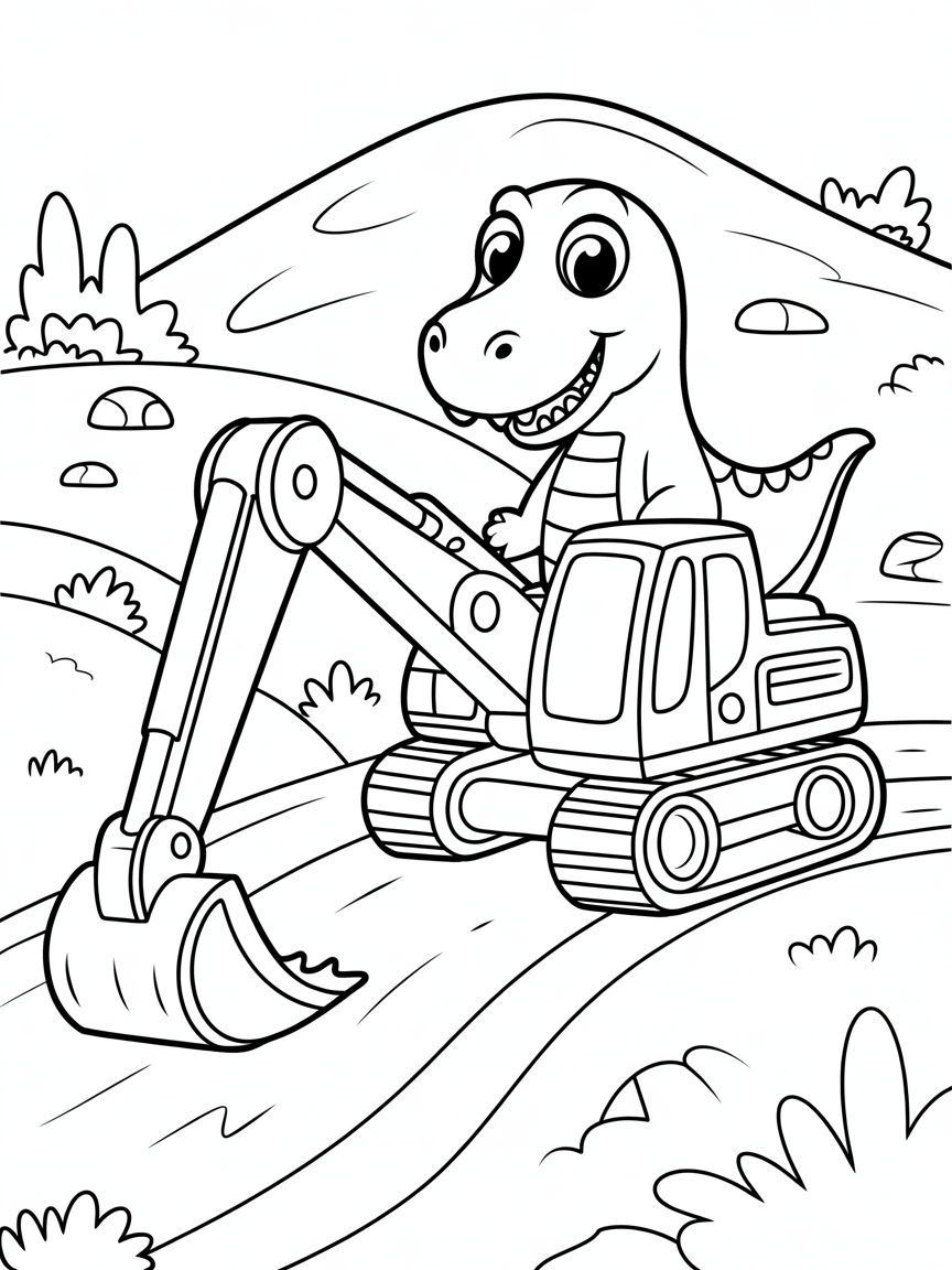 dinosaur using an excavator on a mountain - Free Coloring Page