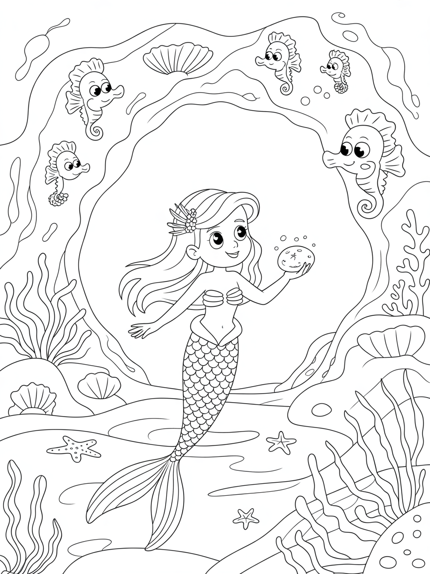 Mermaid princess discovering a hidden sea grotto - Free Coloring Page
