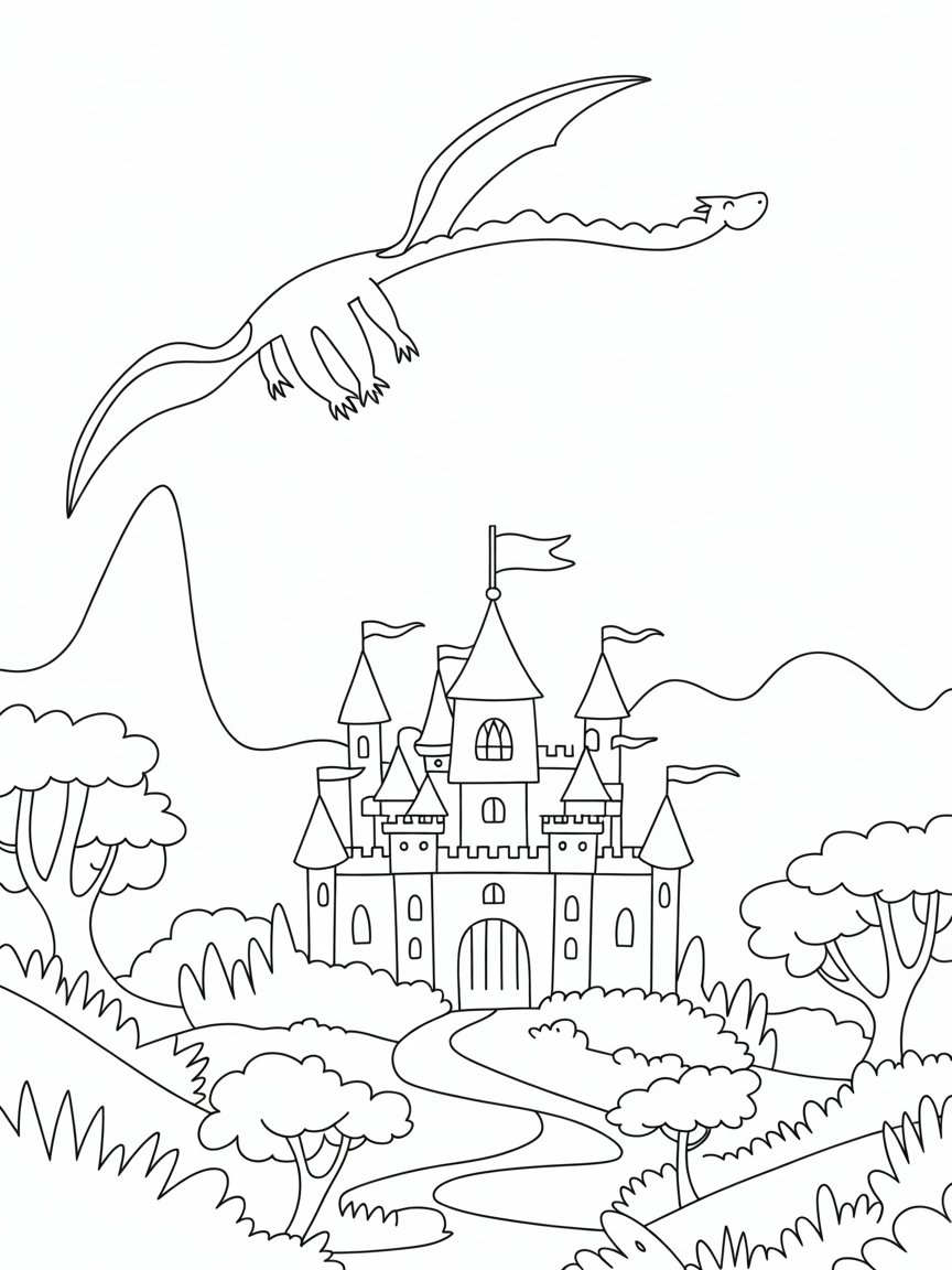 Fairytale castle shadowed by a dragon's silhouette - Free Coloring Page