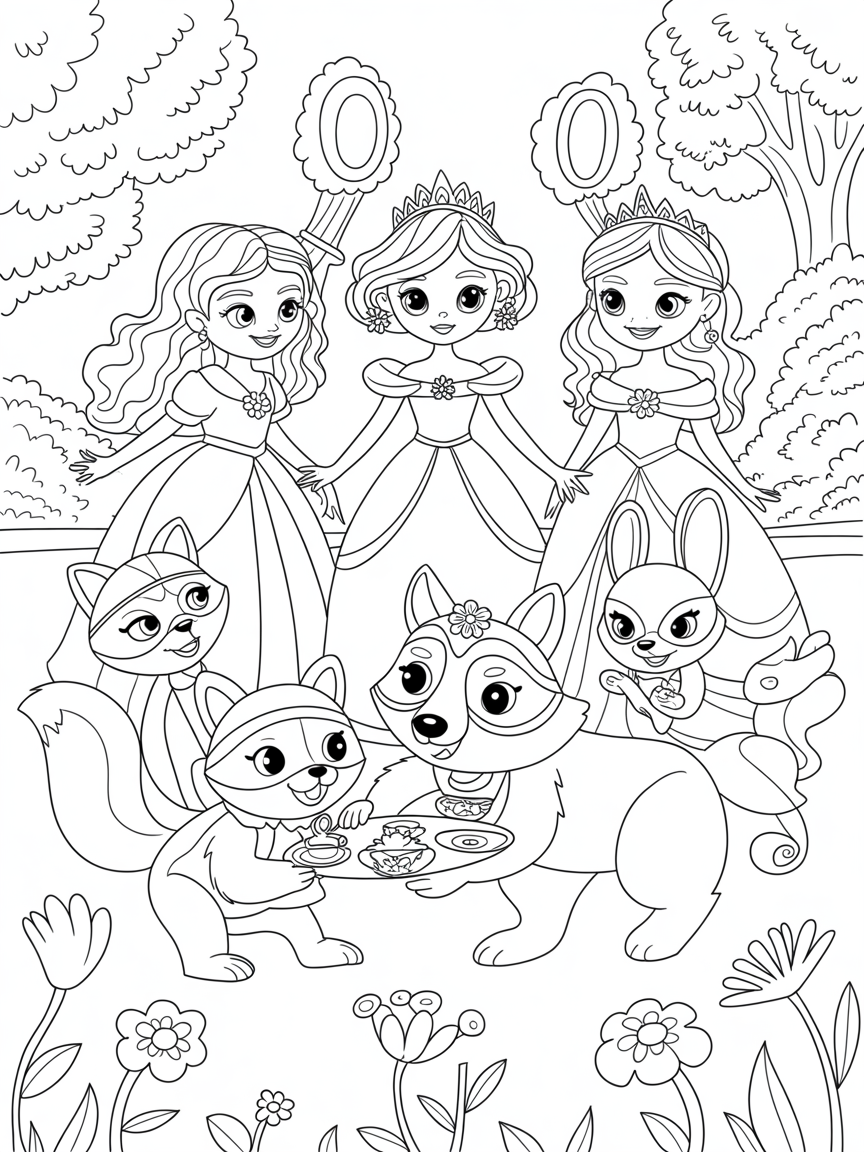 Princesses hosting a magical animal masquerade - Free Coloring Page