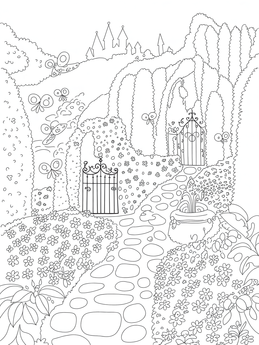 Enchanted castle gardens with dancing fireflies - Free Coloring Page