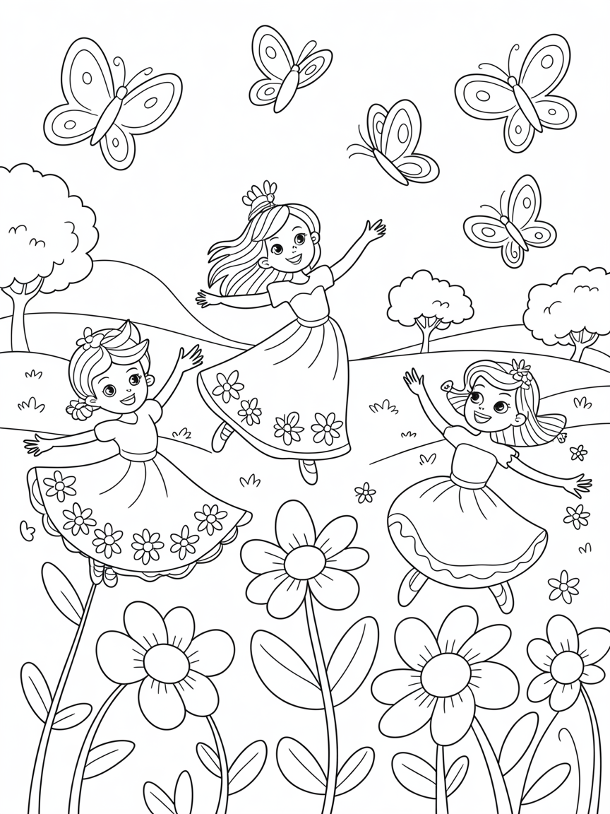 Flower garden dance with princesses and butterflies - Free Coloring Page