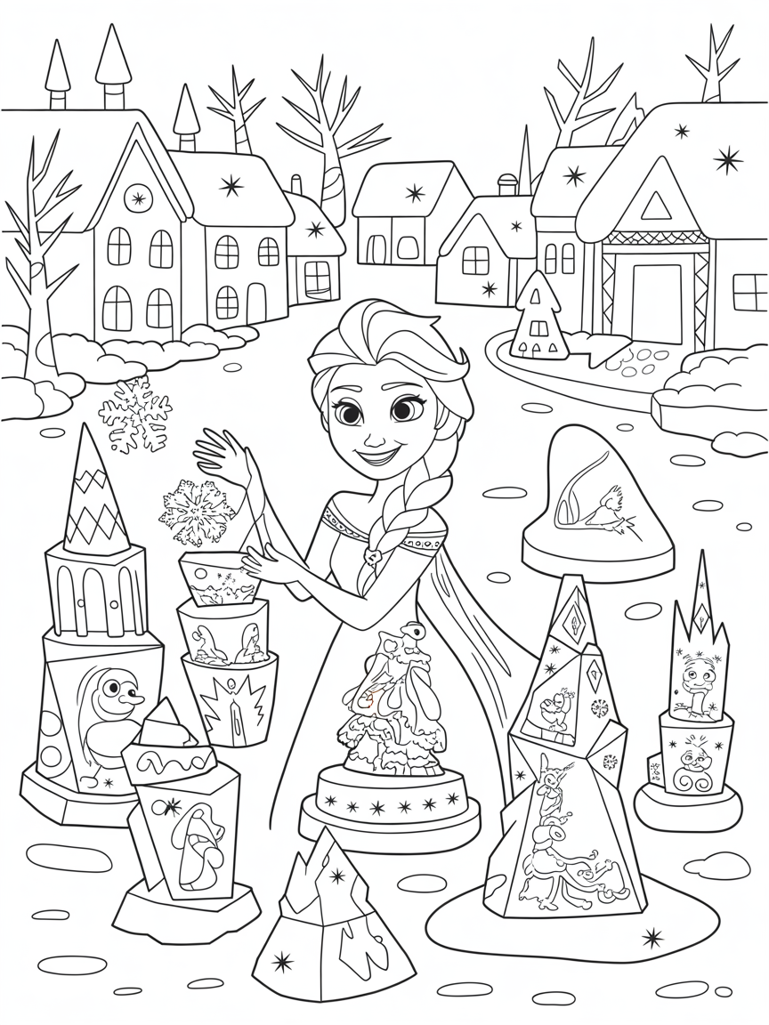 Elsa crafting ice sculptures in a festive winter village - Free Coloring Page