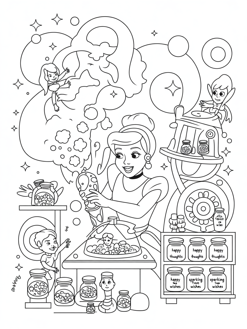 Cinderella creating dreams in a fairy tale factory - Free Coloring Page