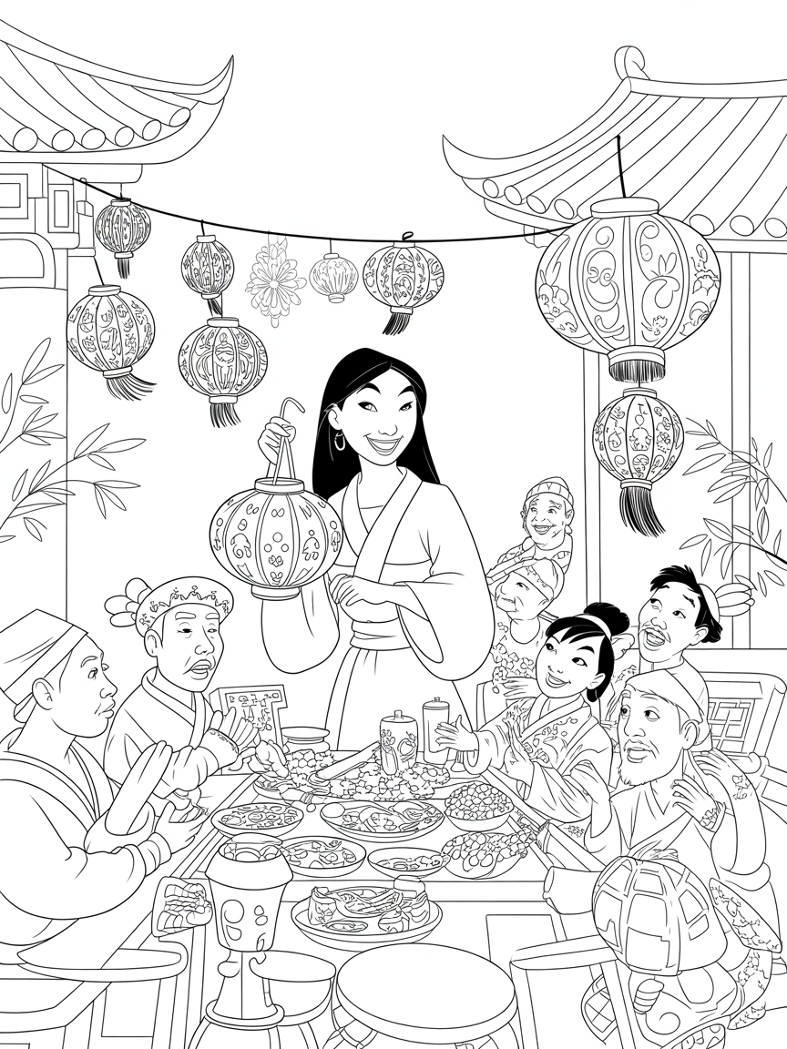 Mulan hosting a moonlit lantern festival - Free Coloring Page