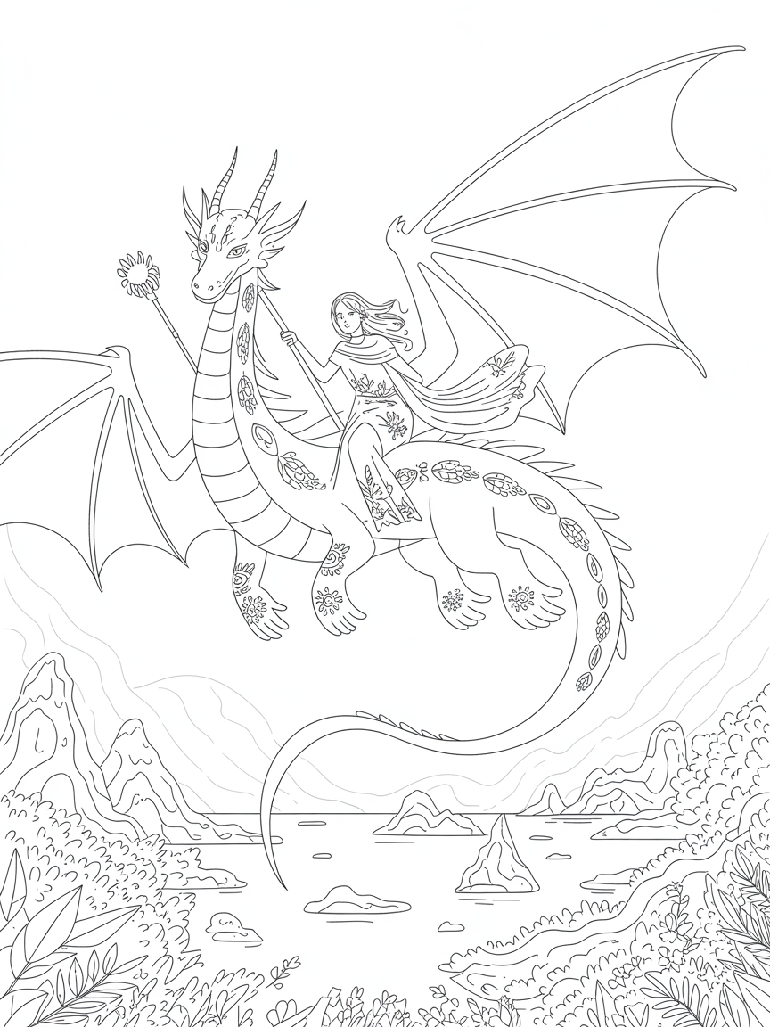 A dragon with a female rider - Free Coloring Page