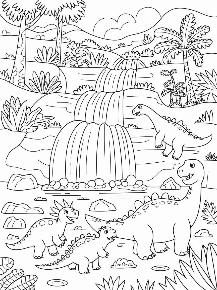 Dinosaur explorers discovering a rainbow waterfall - Free Coloring Page