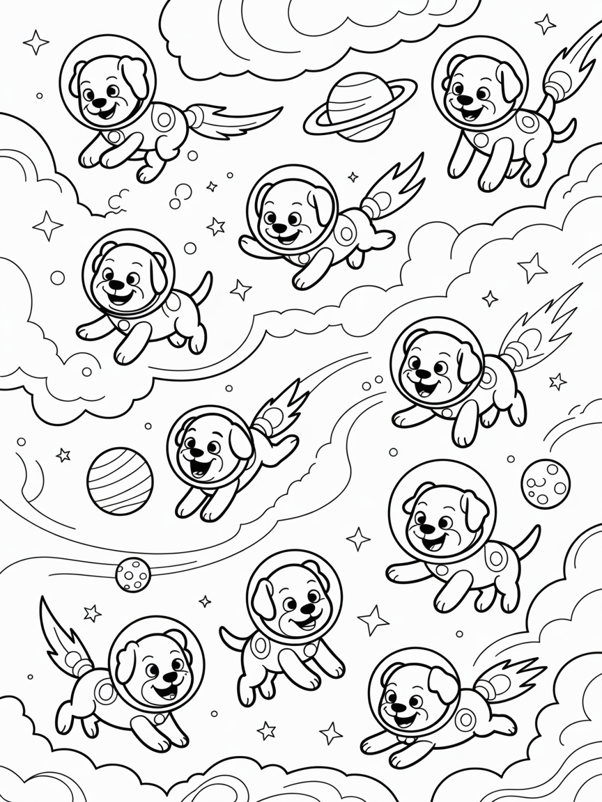 Space puppies floating through nebula clouds - Free Coloring Page