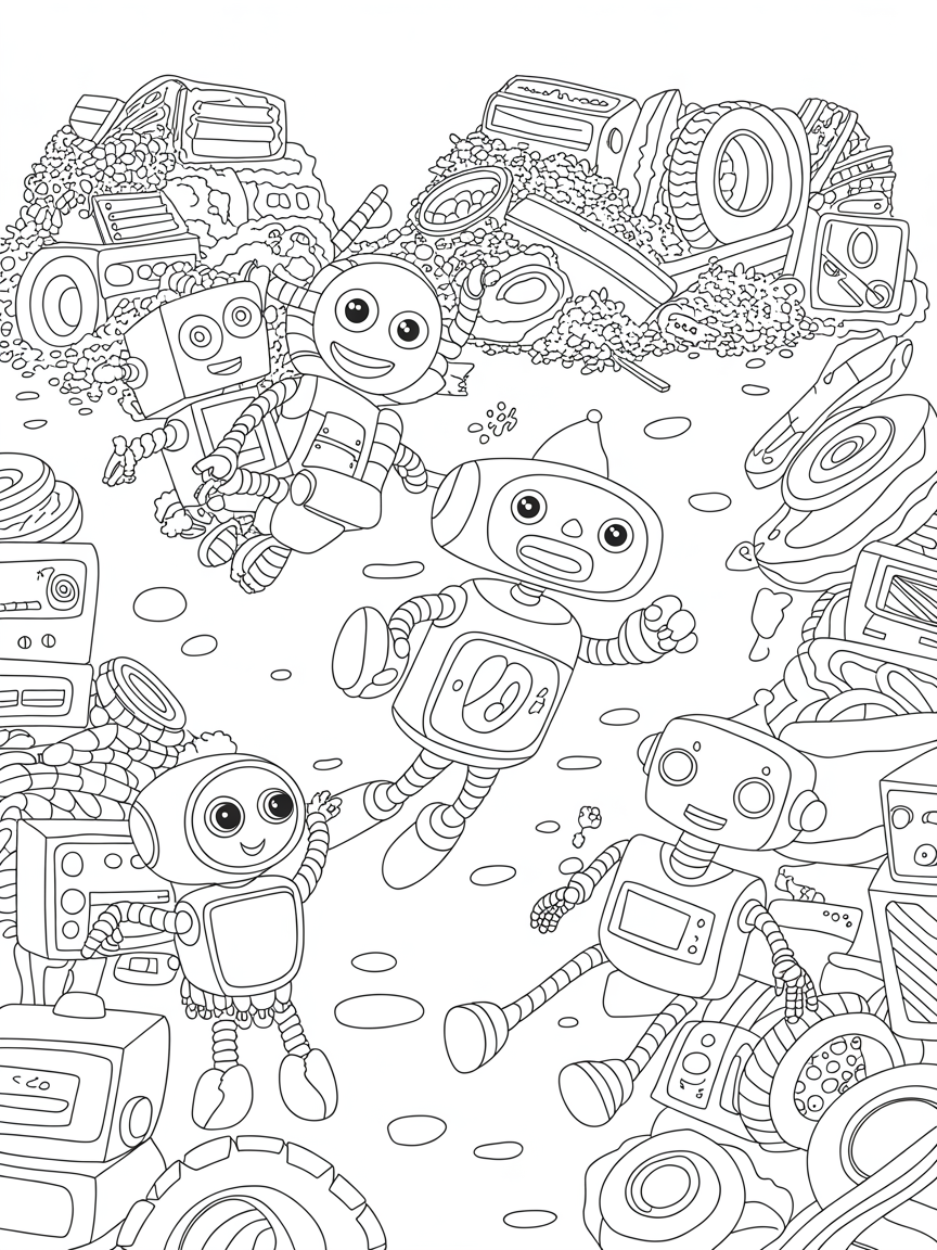 Friendly robots playing in a colorful junkyard - Free Coloring Page