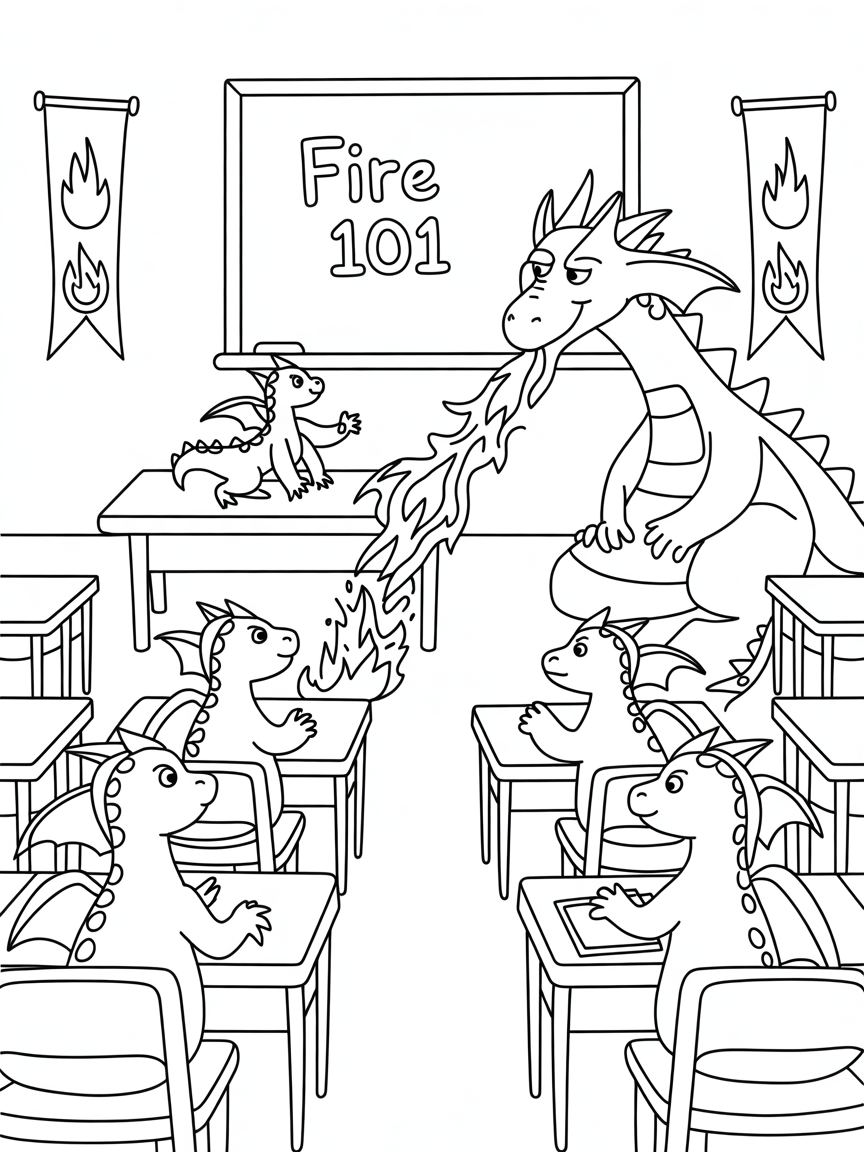 Dragon school teaching fire-breathing tricks - Free Coloring Page
