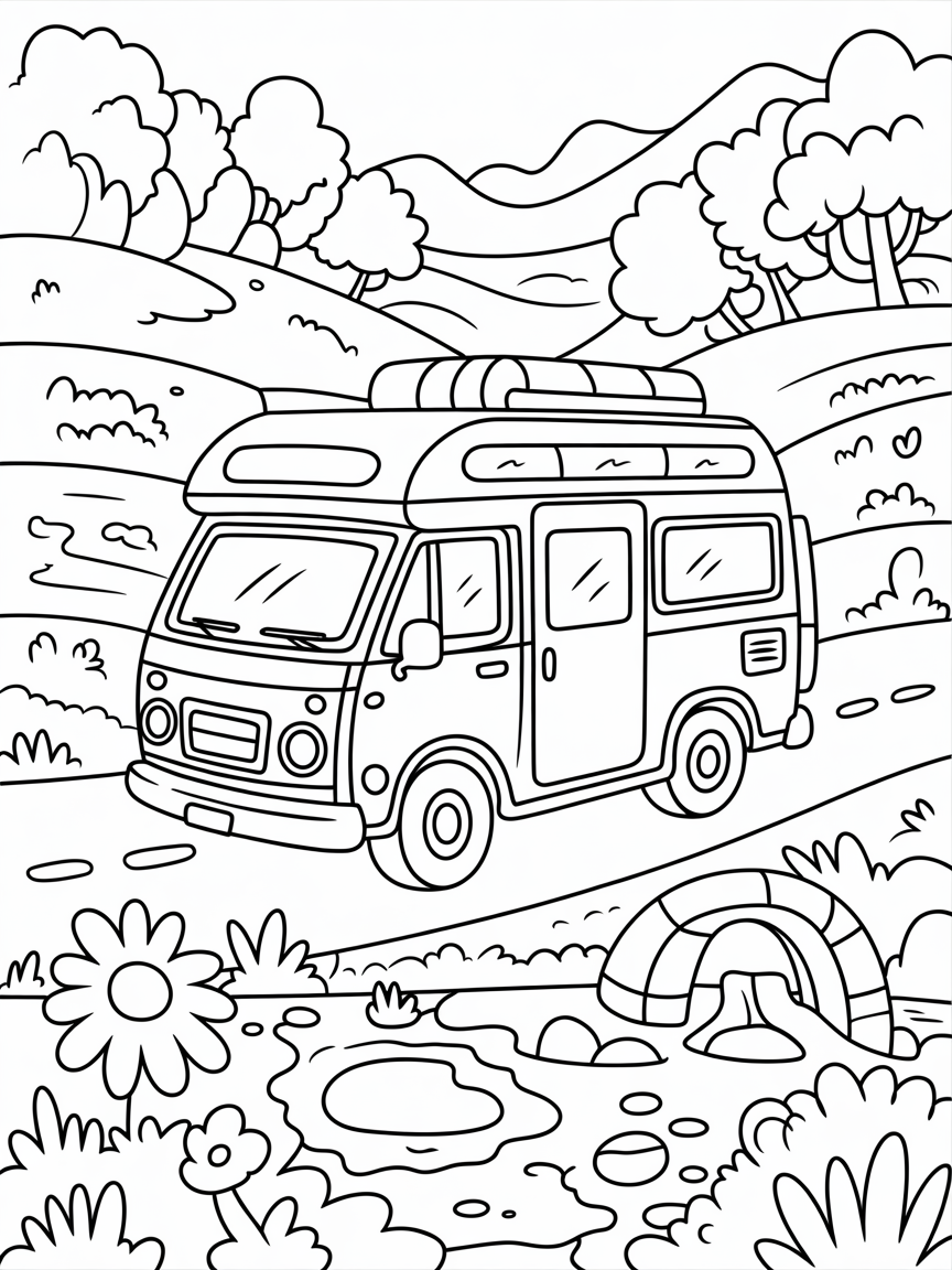 Adventure-ready camper van traveling through a whimsical landscape - Free Coloring Page