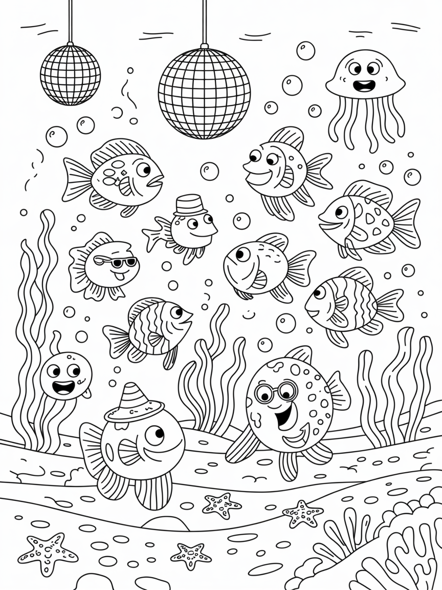 Ocean floor disco party with dancing fish - Free Coloring Page