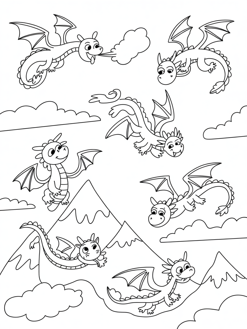 Flying dragons weaving through mountain clouds - Free Coloring Page