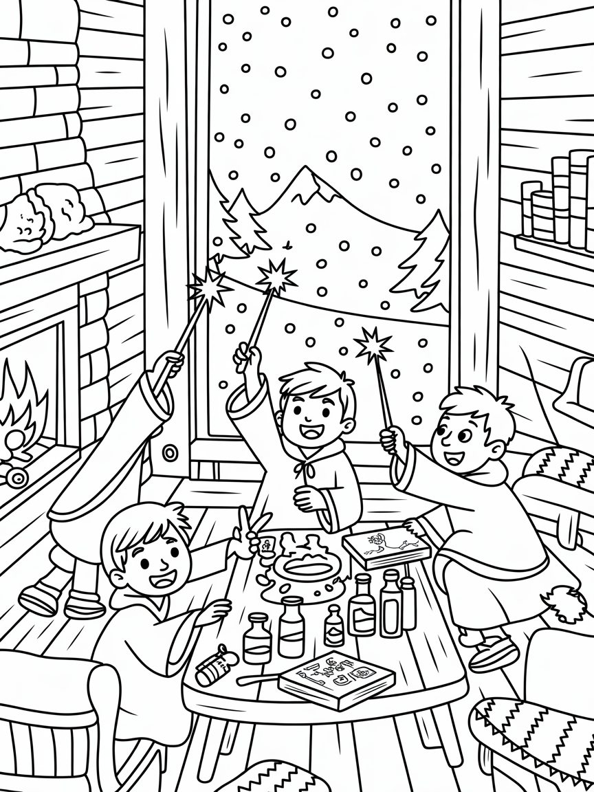 Wizards casting spells in a snowy mountain cabin - Free Coloring Page